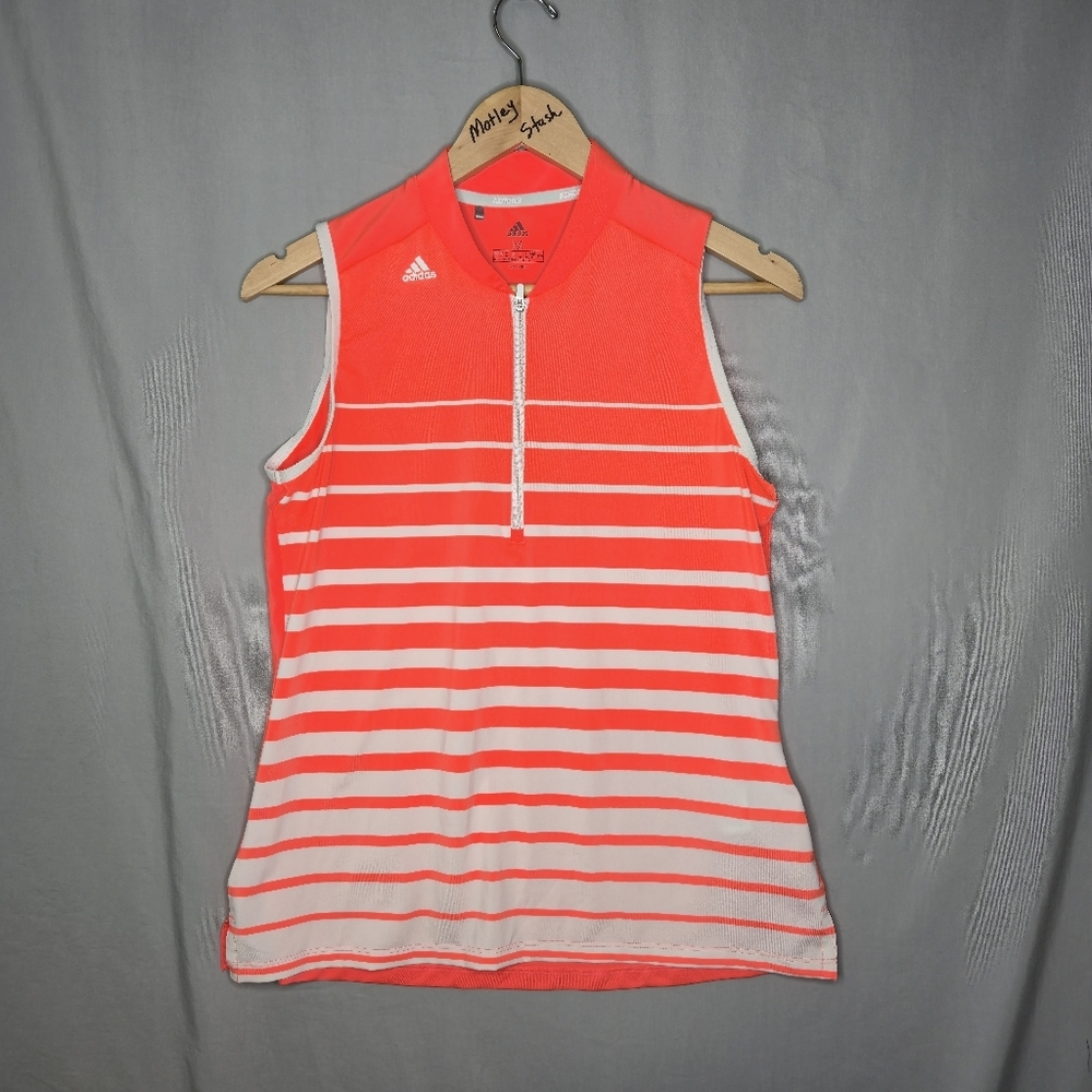 Adidas Women Golf Engineered Orange Stripe Sleeveless Polo Shirt Size M